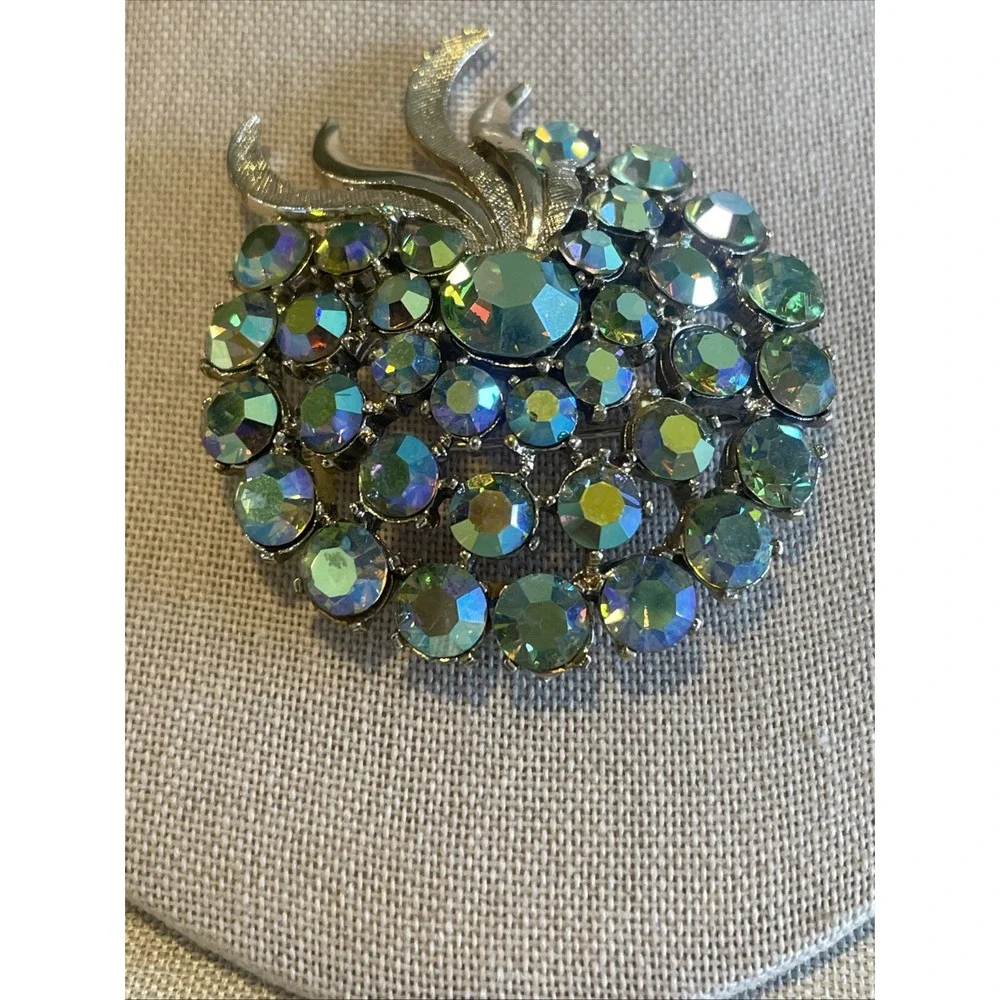 Vintage Aurora Borealis Rhinestone Brooch Silver Tone Mid Century Costume Signed